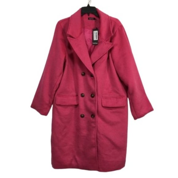 Boohoo Jackets & Blazers - Women's Boohoo Brushed Wool Look Button Up Coat, Size 12 {US} - Dark Pink